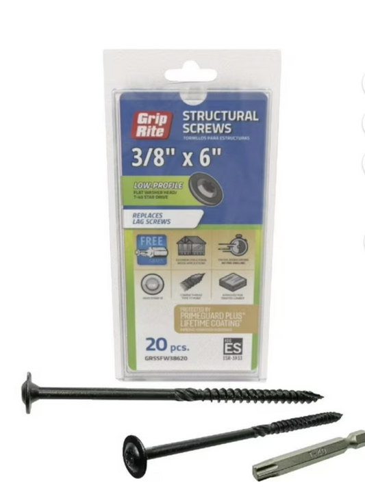 Grip-Rite GRSSHW38620 3/8" x 6" Structural Screw Dual Drive Power Hex Washer Star Drive Head 20CT