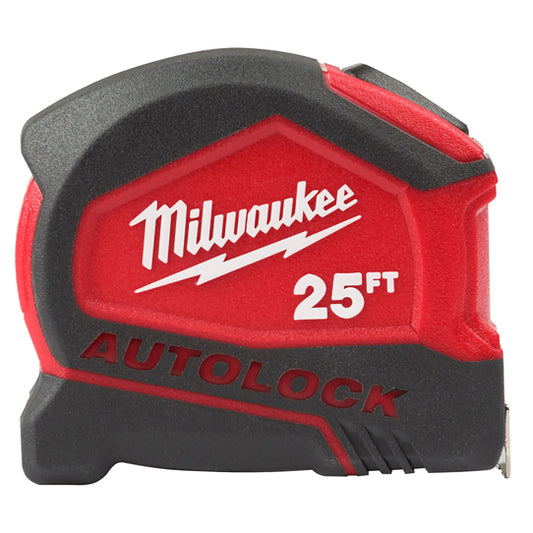 Milwaukee Compact Autolock Measuring Tape With Belt Clip, 25 ft L x 27 mm W Blade, Steel Blade, 1/16 in Graduation
