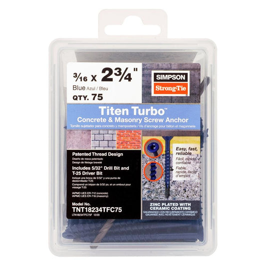 Simpson Strong-Tie TNT18234TFC75 Titen Turbo — 3/16 in. x 2-3/4 in. 6-Lobe Flat-Head Concrete and Masonry Screw  Blue (75-Qty)